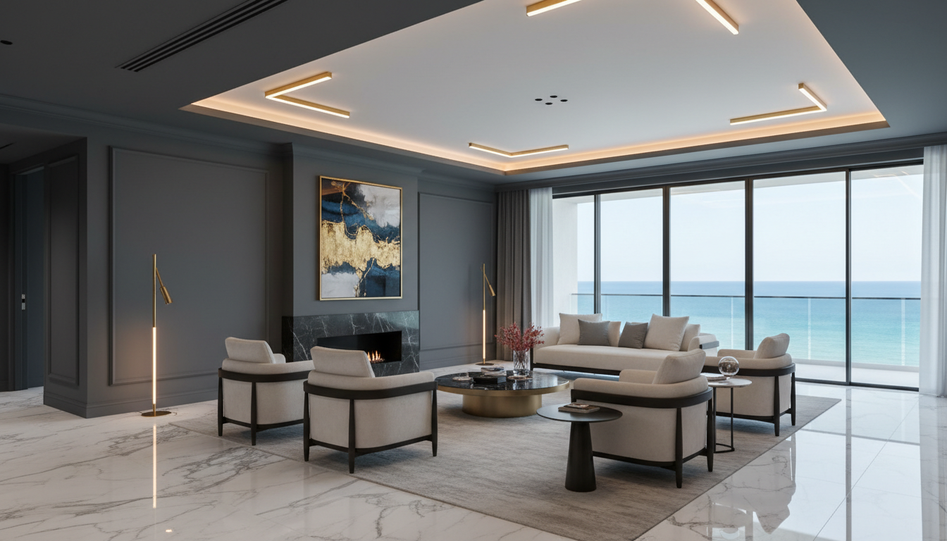 Sala de estar de luxo com vista mar